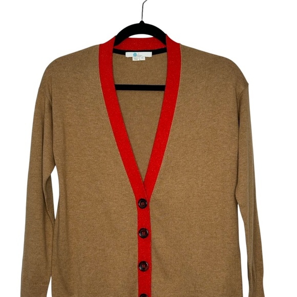 Boden Dark Tan Long Sleeve Button Up Cardigan w/Sparkly Red Details Sz XS - Picture 3 of 13